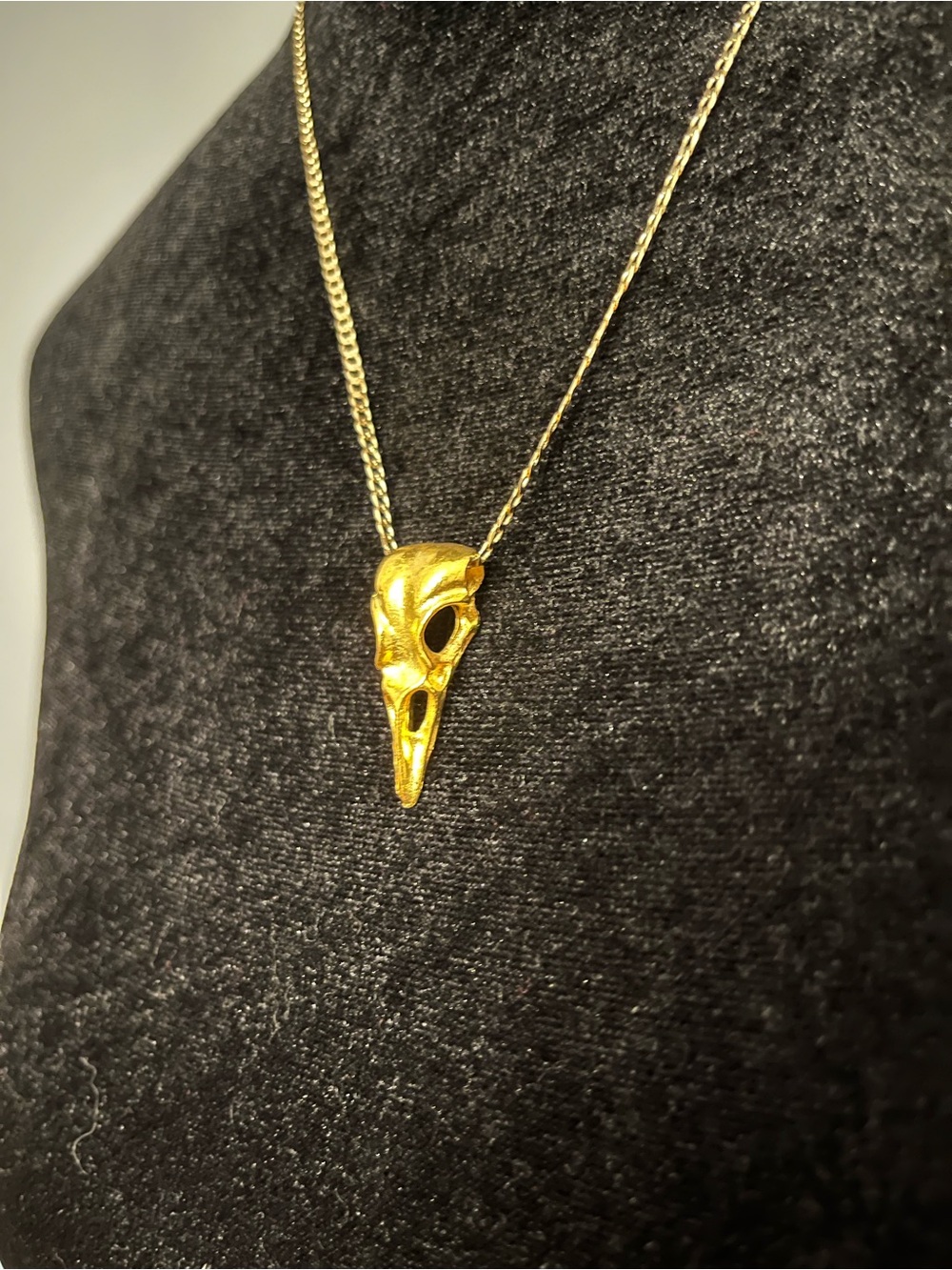 Gold Tone Raven Skull Pendant on Chain